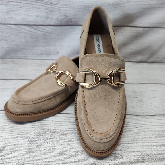 Steve Maddedn Sheyla Tan Suede Loafers with Gold Horse Bit Buckle, 9 - Picture 1 of 8